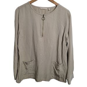 Soft Surroundings Women Large Petite Blouse Tan Long Sleeve Woven 1/2 Zip *Read*